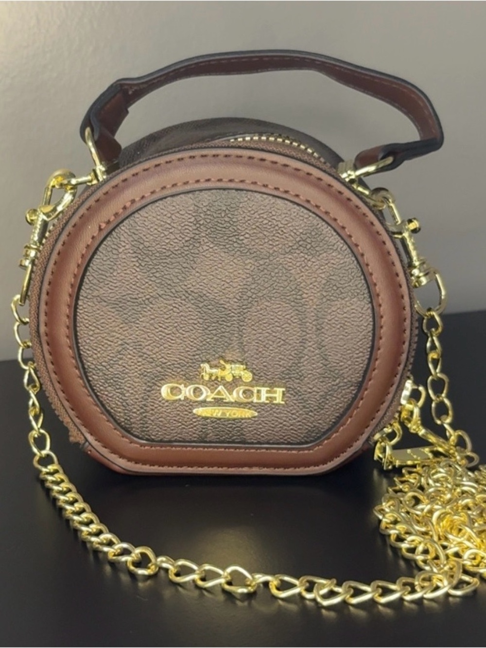 Coach Brown Signature Round Mini Crossbody with Gold Chain
